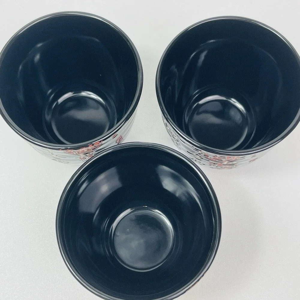 La Dolce Vita JJG Designs Black Chinese Writing Tea Cups Set Of 3 White Red Seal